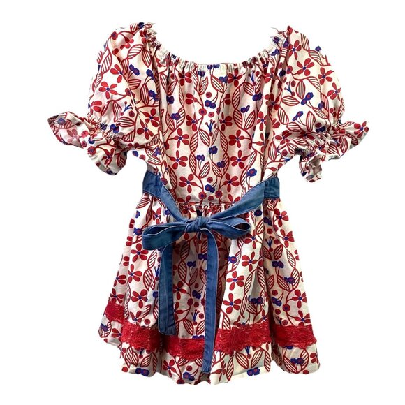Matilda Jane Girls Dress Red White Blue Puff Sleeves Tie Waist Cotton Sz 10 - Picture 2 of 6